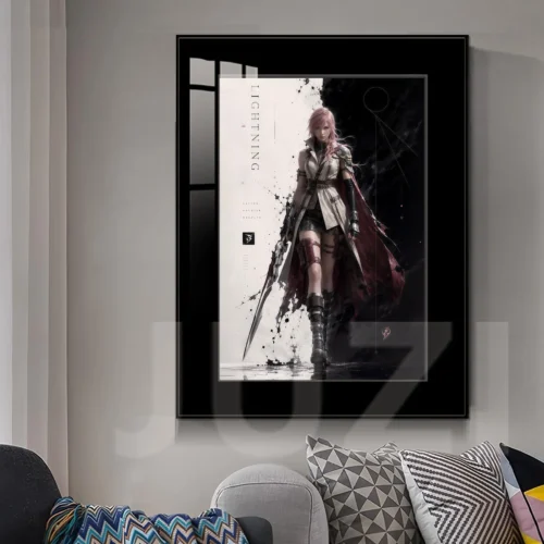 "Gallery of premium HD fade-resistant Lightning Farron decorative painting, showcasing vibrant Final Fantasy XIII battle art details by JUZI Studio."
