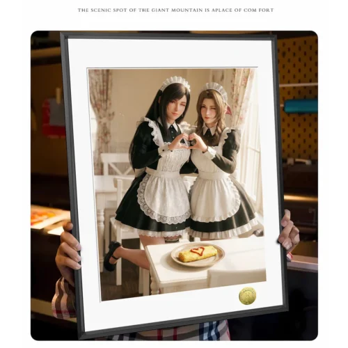 "Limited edition Final Fantasy VII decorative painting of Tifa and Aerith in charming maid outfits, showcasing vibrant details and hand-numbered."