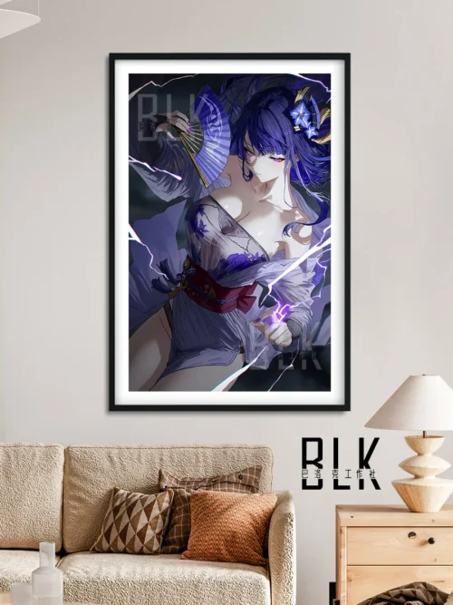 "Detailed shot of the elegant Raiden Shogun Baroque style decorative painting, revealing the exquisite Genshin Impact art and premium craftsmanship."