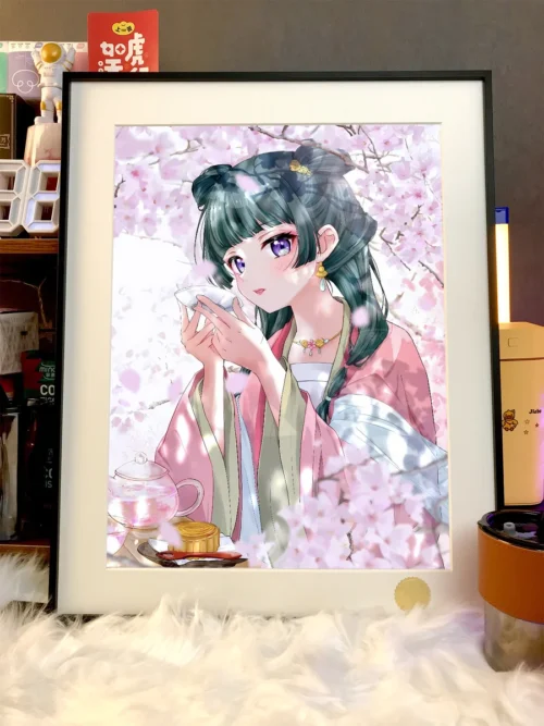 "The Apothecary Diaries limited edition art print: Maomao, Jinshi, Gyokuyoufei, ethereal starry night, cherry blossoms. Hand-numbered collectible."