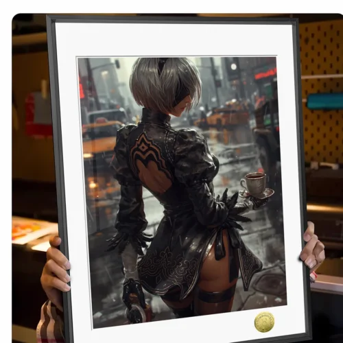 "Dynamic views of the exclusive NieR Automata 2B street art painting, revealing intricate details and the unique artistic style by Huang Gua Studio."
