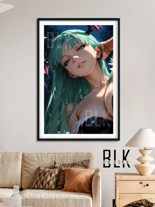 "Close-up of the stunning Baroque Darkstalkers Morrigan art print, revealing vibrant high-definition artwork, intricate details, and ornate frame."