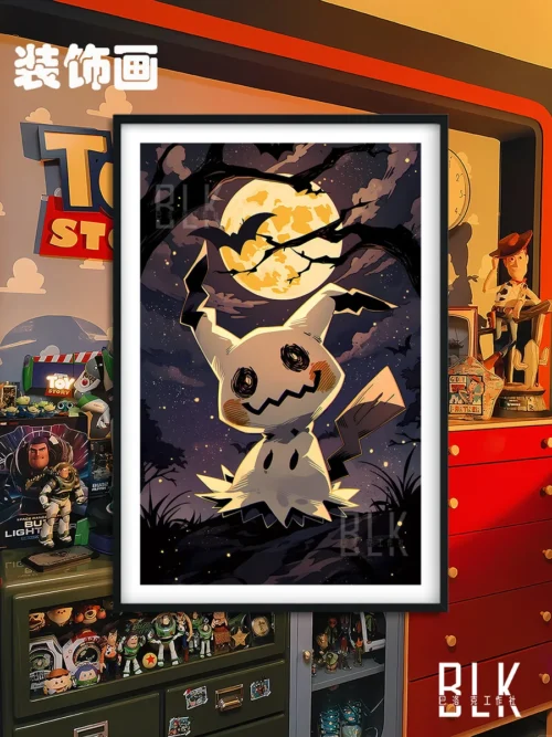 "Elegant Baroque Moonlit Mimikyu Wall Art. This decorative painting showcases Mimikyu in an ornate dark fantasy Baroque frame."