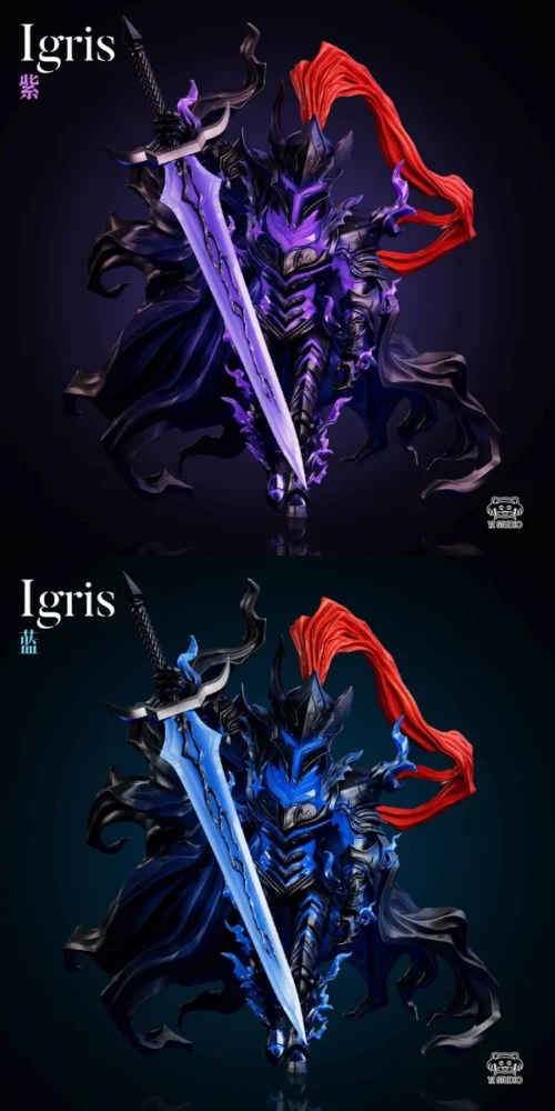 "Premium Solo Leveling Igris Shadow Army statue by YZ Studio. Dynamic armored knight figure with vibrant fluorescent paint, evoking a dark fantasy."