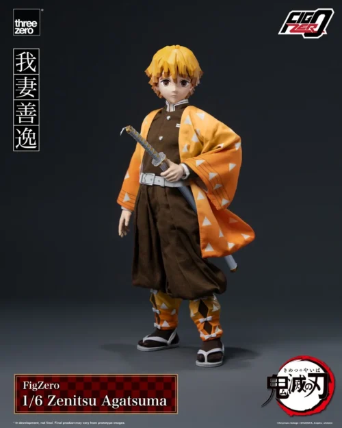 "Zenitsu Agatsuma FigZero 1/6 official action figure gallery, showing articulated poses, detailed fabric uniform, and dynamic Thunder Breathing effect."