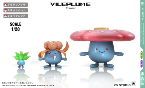 "Detailed VS Studio Pokemon Vileplume & Bellossom evolution set statue, showcasing intricate sculpture details and vibrant ecological diorama."