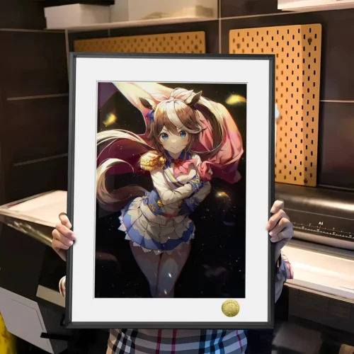 "Main image of a vibrant, limited edition Uma Musume Pretty Derby 'Shining Maiden' decorative painting. Features dynamic anime character art, premium."
