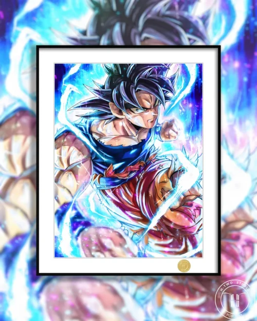Dynamic H-TWO Studio Limited Edition Ultra Instinct Goku art print, showcasing his radiant aura and intense battle pose from Dragon Ball.