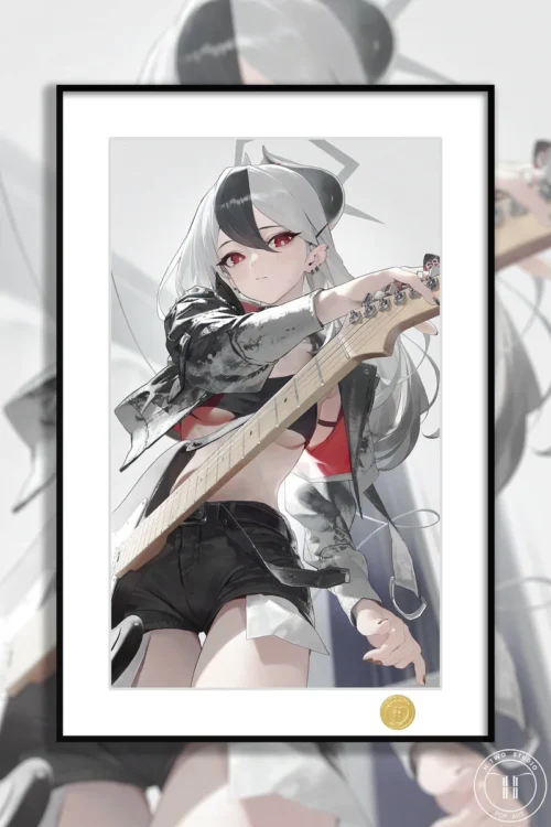 "Limited Edition Premium Blue Archive Kayoko Onikata art print, showcasing a dynamic, vibrant character portrait with a rock-and-roll aesthetic."