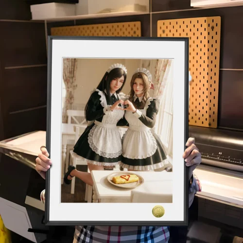 "Limited Edition Final Fantasy VII decorative painting: Tifa and Aerith as cute maids. Vibrant, hand-numbered fan art of beloved heroines."