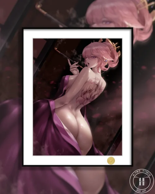 "Elegant Yae Miko back view decorative painting, a limited edition Genshin Impact print by H-Two Studio, framed in sleek black aluminum."