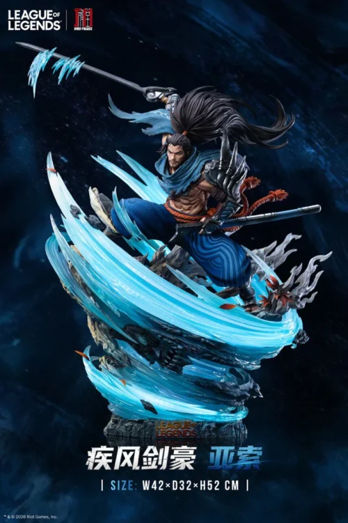 "Officially licensed Yasuo 1/6 statue in a dynamic wind elemental pose, featuring dual LED light-up effects and detailed elements for League of Legend."