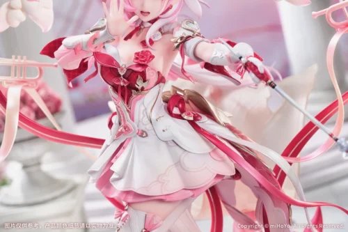 "Exquisite 1/7 scale Elysia Honkai figure. See vibrant pink and blue details, dynamic idol pose, and enchanting stage presence from all angles."