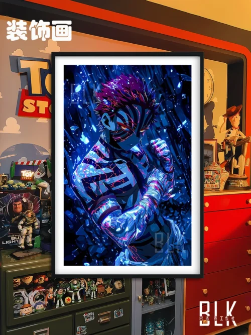 "Dynamic Baroque Blue Akaza decorative painting, showcasing the Demon Slayer character in a striking blue palette with elegant ornate details."