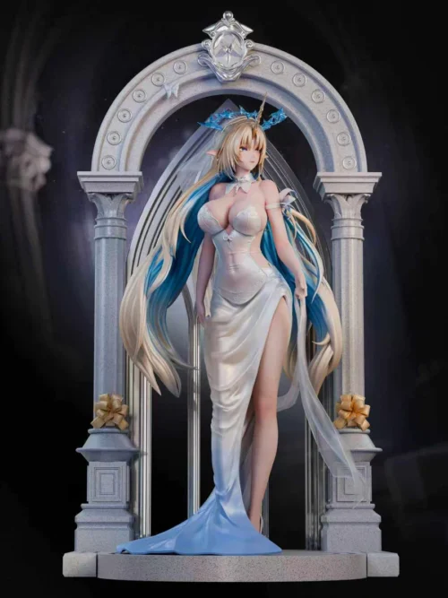 "Wuthering Waves Kathysia 1/4 statue. Exquisite white bridal gown's intricate sculpted details from multiple angles, showcasing captivating romantic."