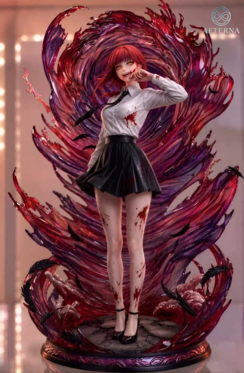 "Exclusive 1/6 Makima Chainsaw Man resin statue. Hand-painted, dynamic pose with intricate blood splatter, showcasing premium artistic detail."