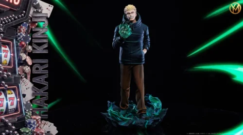 "Premium 1/6 Kinji Hakari Jujutsu Kaisen statue. Exclusive Young Money Studio figure, dynamic, chaotic gambling aesthetic."