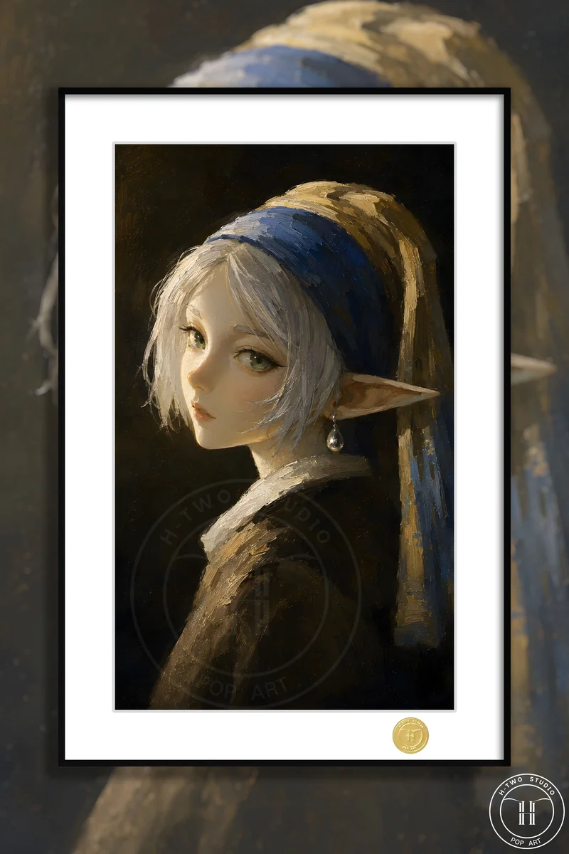 "Limited edition Frieren as Girl with a Pearl Earring premium framed decorative painting. Blends classic art with Frieren: Beyond Journey's End."