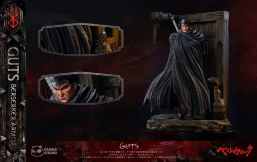 "Iconic Berserk Guts 1/4 statue by Panda Studio, showcasing his gritty first appearance in a defiant pose with a detailed tavern door base."