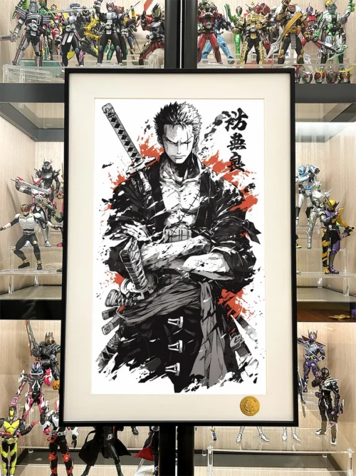 "Detailed views of the limited edition Zoro Ink Wash Decorative Painting by Xingkong Studio, featuring dynamic One Piece art against a cosmic backdrop."