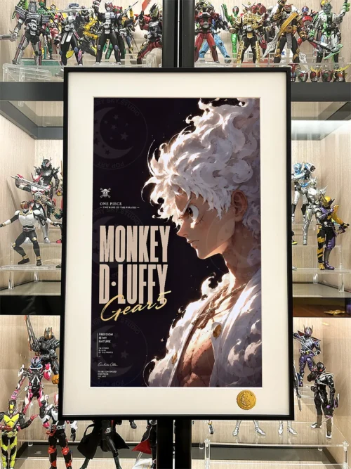 "Vibrant close-up of the limited edition Luffy Gear Five print, showcasing intricate artistic details and the dynamic cosmic backdrop."