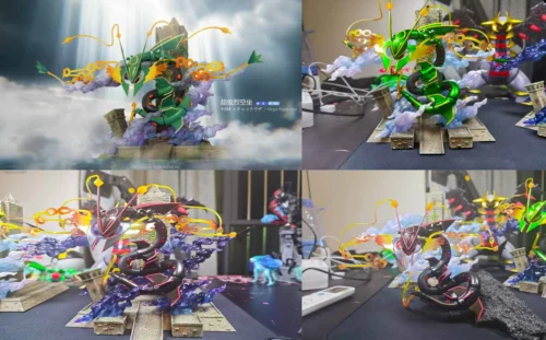 "Premium Forging Craftsman Studio Mega Rayquaza Pokémon statue with dynamic LED lights and sound, depicted amidst an epic lightning storm."