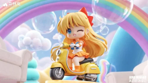 "Aino Minako figure, playfully riding her unique whimsical scooter. Dynamic details, vibrant colors, and sparkling base visible from multiple angles."