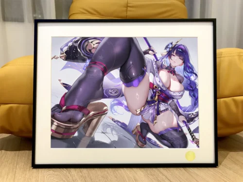 "Premium framed Genshin Impact "Attack Series" decorative painting gallery featuring Raiden Shogun, Yae Miko, and Shenhe, showcasing vibrant details."