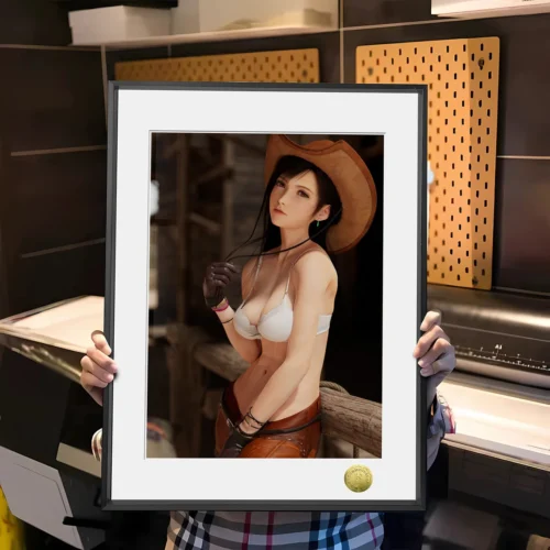 "Vibrant, dynamic Tifa Lockhart cowgirl art in a premium limited edition framed decorative painting from Final Fantasy VII."