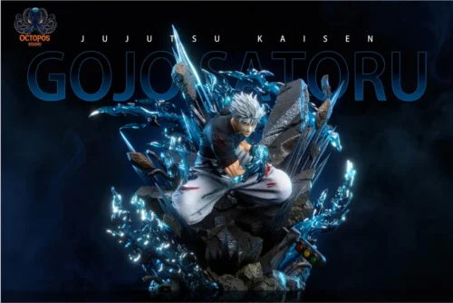 "Gojo Satoru Jujutsu Kaisen resin statue product gallery. Premium details: luminous LED eyes, interchangeable Unlimited Void arm, dynamic Shinjuku."