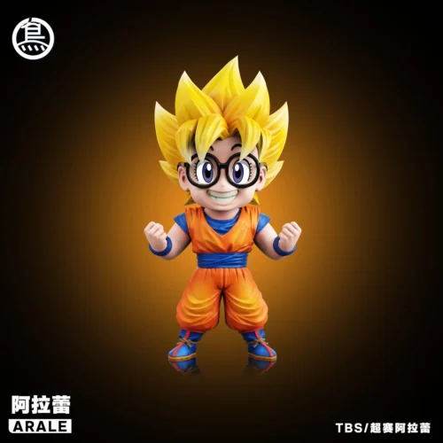 "Vibrant Super Saiyan Arale Dr. Slump statue gallery by TBS Toybirds Studio, showcasing unique crossover design, dynamic poses, and expressive chibi."