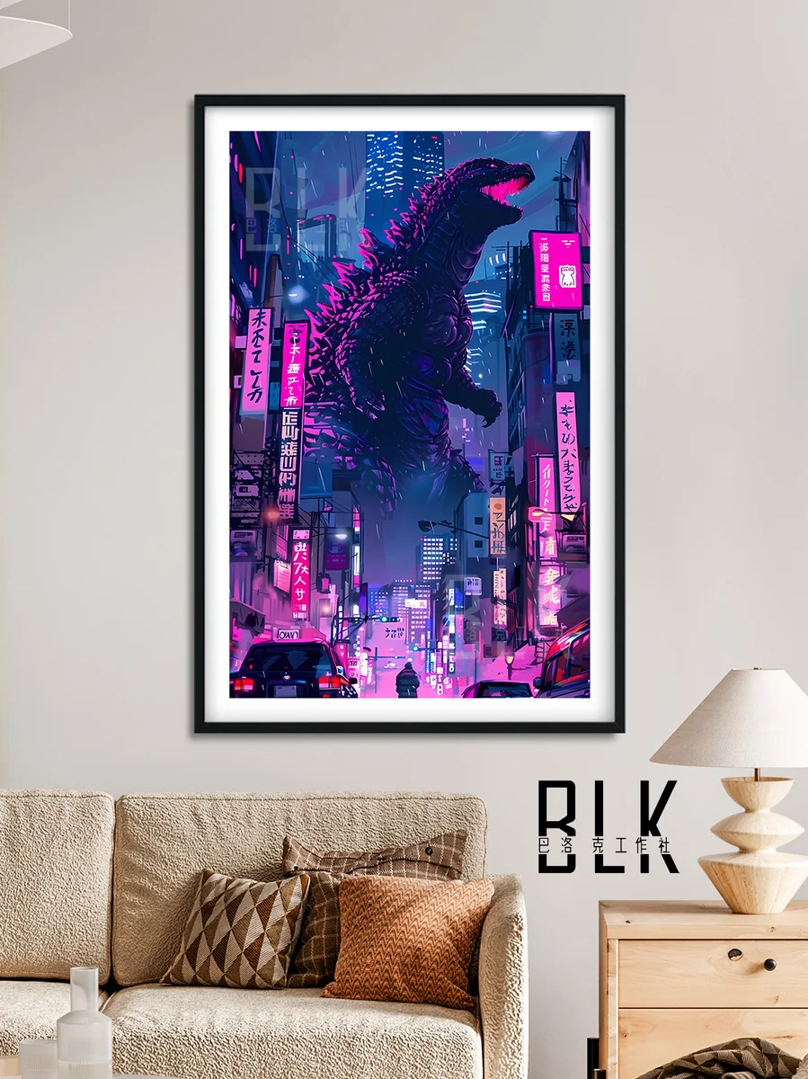 "Detailed views of the premium framed Baroque Godzilla art print. Showcases dramatic Godzilla Baroque Art with intricate classical kaiju details."