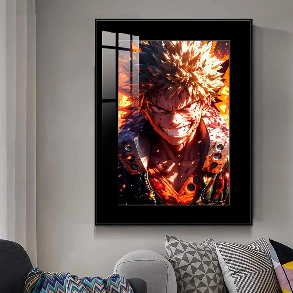 "Gallery views of the premium JUZI Studio Bakugo Wall Art, showcasing vibrant My Hero Academia artwork and its quality framed display."