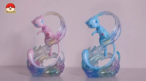 "Ultra-Limited Edition Mew Figure by PocketPals Studio. Detailed views of Mew emerging from ethereal water, highlighting its artistic sculpture."