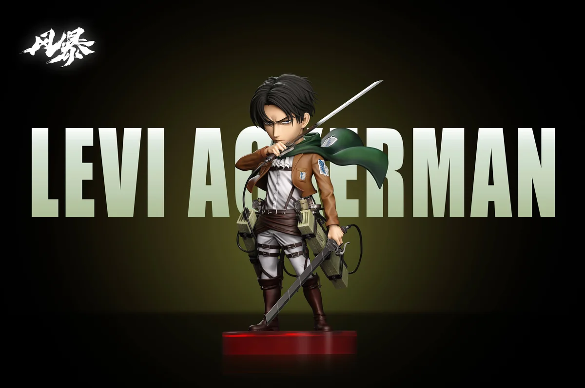 "Dynamic chibi Levi Ackerman statue by Storm Studio. Multiple angles show premium resin sculpt and elemental diorama base details."