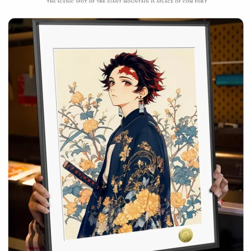 "Exclusive limited edition Demon Slayer art print. Stylized Bishounen Tanjiro Kamado fan art, elegantly framed, with close-ups of artistic details."