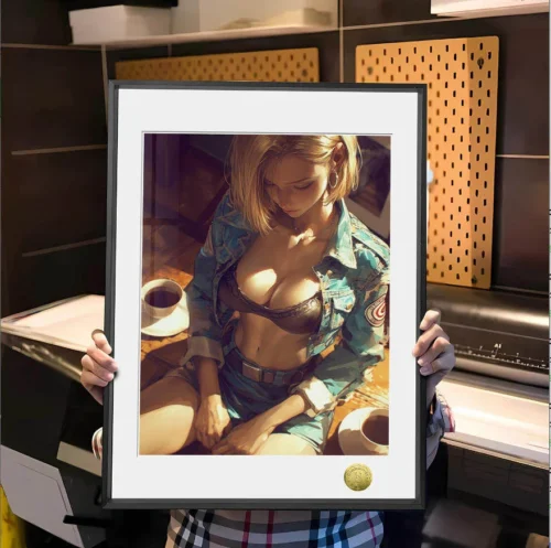 "Vibrant, sensual limited edition Android 18 art print from Dragon Ball Z, a stunning decorative painting with a modern aesthetic."