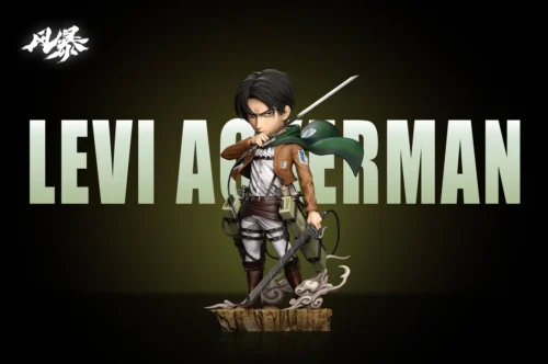 "Dynamic Levi Ackerman chibi statue by Storm Studio, showcasing various angles and premium resin details of his action pose on an elemental diorama."