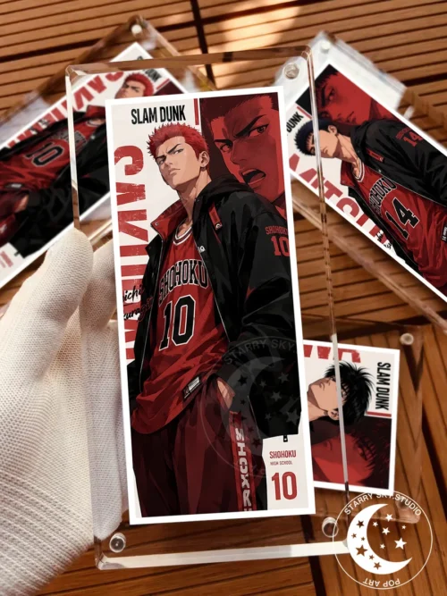 "Gallery views detailing Collector-Grade Slam Dunk Shohoku Team mini prints: stylized anime portraits, cosmic backgrounds, sleek acrylic frames."
