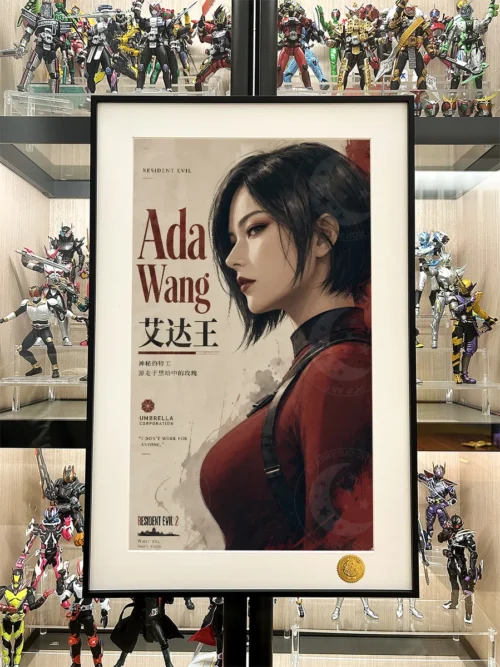 "Detailed gallery views of the Ada Wong, Jill Valentine, Grace Resident Evil art print, highlighting dark, intricate artwork, premium framing."
