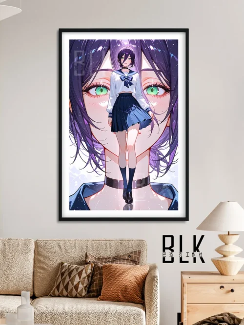"Baroque Chainsaw Man Reze decorative painting detail, showcasing Reze's dramatic pose and intricate artistic flair. A premium anime art print."