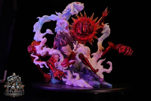 "Premium 1/6 Luffy Gear Fourth Snakeman One Piece resin statue captures his dynamic action pose with a striking, light-up LED fist."