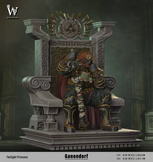 "Detailed views of the exquisite limited edition Ganondorf resin statue by Wake Studio, showcasing intricate dark fantasy armor and dynamic pose."