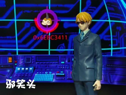 "Premium Mitsuo Yamaki Digimon Tamers statue, showcasing sculpted details of his trench coat, iconic lighter, and dual expressive heads."