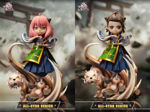 "Playful Suguru Geto Anya Cosplay resin statue, an exclusive Jujutsu Kaisen x Spy x Family crossover, featuring Geto's cheeky expression in Anya's."