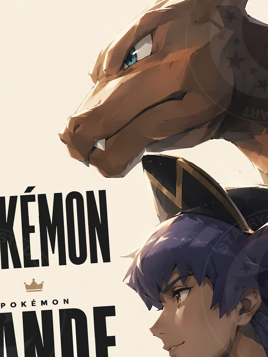 "Close-up of the premium framed Trainer Leon & Charizard vs. Ash & Pikachu Starry Sky Pokemon art print, highlighting its collector-grade vibrancy."
