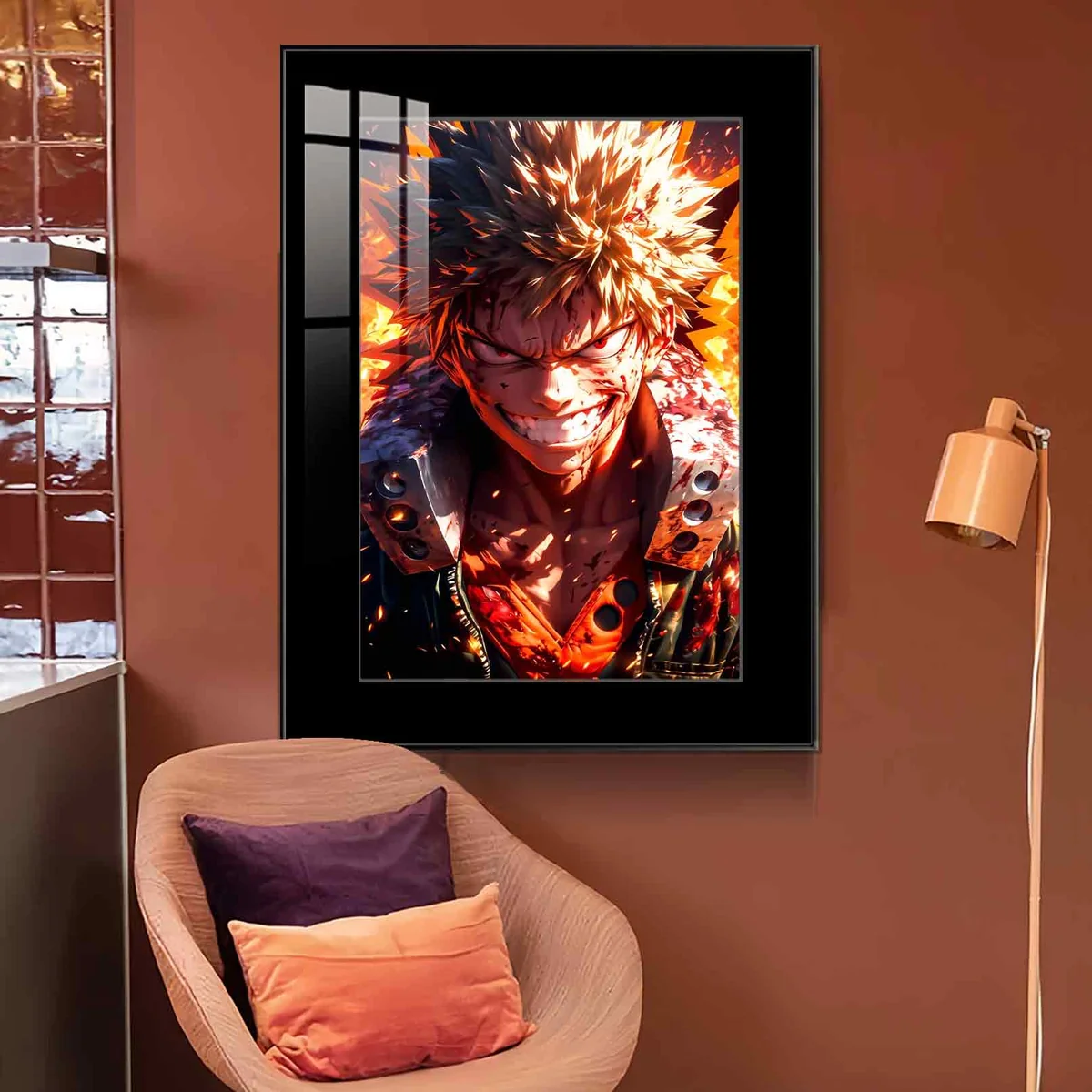 "Dynamic Bakugo wall art by JUZI Studio, showcasing vibrant, fade-resistant My Hero Academia art in its premium frame from multiple angles."