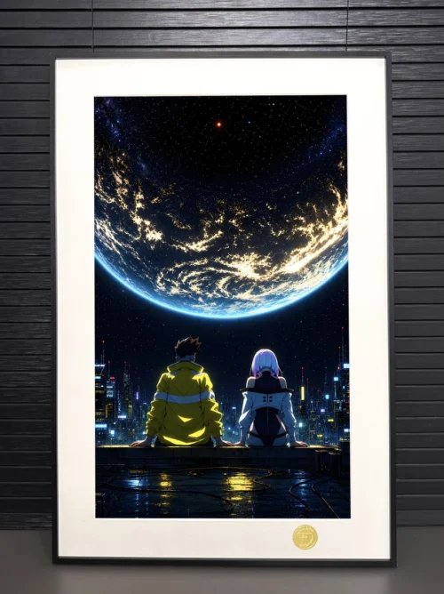 "A gallery of the premium H-TWO Studio Cyberpunk Edgerunners Rooftop Lucy David decorative painting, showcasing its framed art details and various angle."