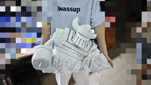 "Colossal One Piece Ancient Robot statue by Dragon Tiger Studio. Dynamic battle-damaged mecha, Egghead Arc design, shown from multiple angles."
