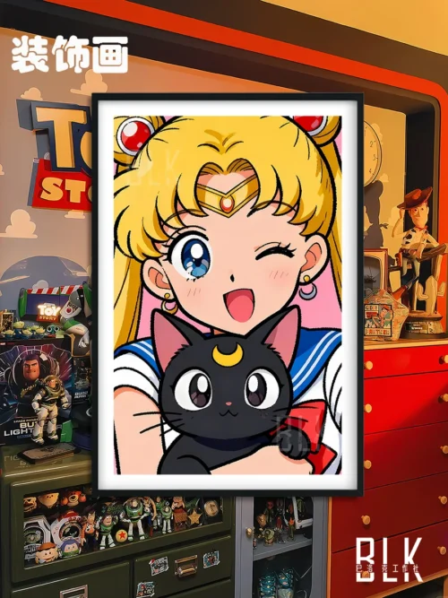 "Elegant Baroque Sailor Moon decorative painting featuring Usagi Tsukino and Luna in an ornate, dreamy setting. A premium art piece for fans."